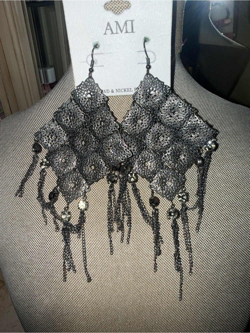 Ami Black Mesh Fringe Dangle Earrings with Bead Accents